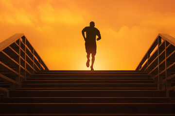 The runner journey on stairs towards career goals, fueled by fitness and ambition. Ascending to success. Ai generative.