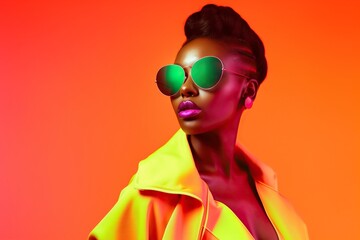 Fototapeta premium High fashion studio portrait of young african american woman with sunglasses, beautiful makeup, bright neon colors. Generative AI