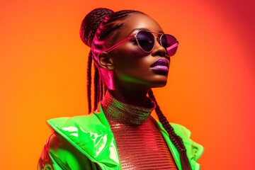 Fototapeta High fashion studio portrait of young african american woman with sunglasses, beautiful makeup, bright neon colors. Generative AI obraz