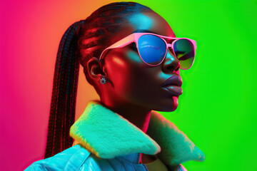 High fashion studio portrait of young african american woman with sunglasses, beautiful makeup, bright neon colors. Generative AI