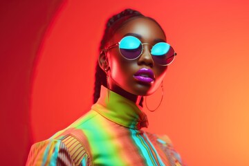 Fototapeta na wymiar High fashion studio portrait of young african american woman with sunglasses, beautiful makeup, bright neon colors. Generative AI