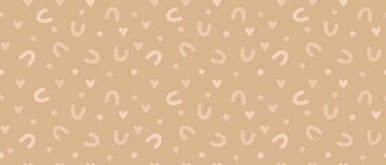 Cute Abstract Doodle Seamless Vector Pattern. Childish Hand Drawn Stars, Hearts and Arcs isolated on a Light Caramel Brown Background. Trendy Creative Modern Print with Freehand Multicolor Scribbles.