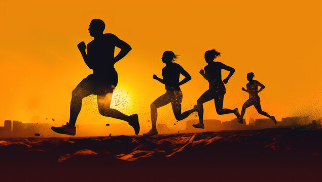 Silhouette of active runners embracing fitness and well being at sunset, harnessing energy and determination in outdoor training golden hour joggers. Ai generative.