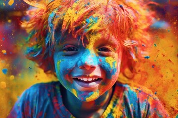 Celebration of Holi festival day colorful illustration of a child covered in paint illustration.Generated with AI.