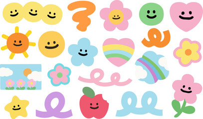 Happy summer illustrations of sun, flowers, apple, rainbow, heart and sky in pastel colour for sticker, decoration, card print, icon, logo, cartoon, character, plush toy, doll, patches, brooch