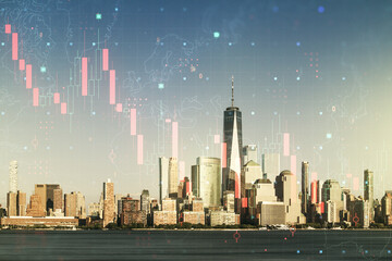 Double exposure of abstract virtual global crisis chart and world map hologram on New York city skyscrapers background. Financial crisis and recession concept
