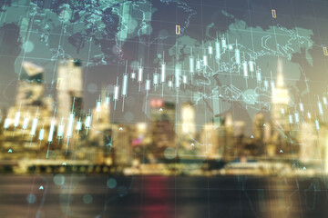 Multi exposure of abstract financial diagram and world map on blurry office buildings background, banking and accounting concept