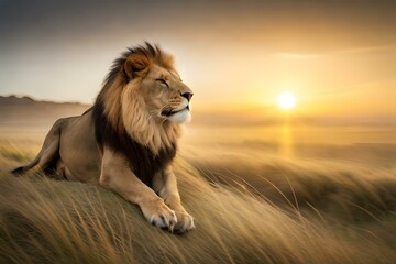 Plakat Lion sitting in the forest at the time of sunset