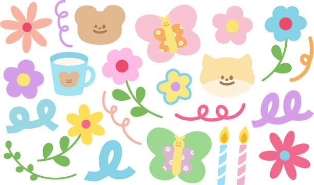 Nature elements of flowers, animals including butterfly, bear and cat in pastel colour. For sticker, decoration, banner, social media post, poster, print, icon, logo, online shopping sites, ads, etc.
