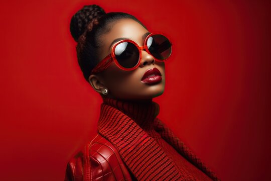 High fashion studio portrait of young african american woman with red sunglasses, beautiful makeup, luxury style. Generative AI