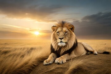 Lion sitting in the forest at the time of sunset
