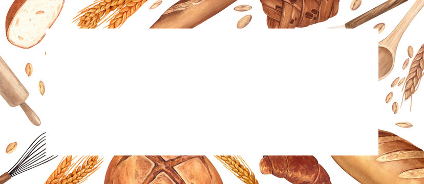 Watercolor bakery frame background. Hand-drawn illustration, isolated on white background. Concept for a bakery or cafe, design: restaurant menu element, recipe cooking book, bread and pastry