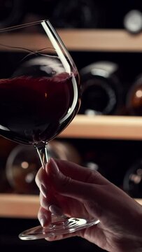 Close up female hand swirling red wine in wine glass. Wine expert tasting, rating and drinking wine, bottles in background. Slow motion video.