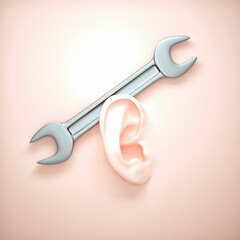 Surreal image of a ear on wall with a wrench.