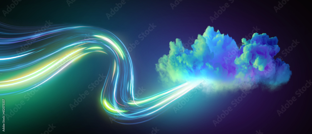 Poster 3d render. abstract background of glowing neon lines and blue illuminated cloud. light tracks
