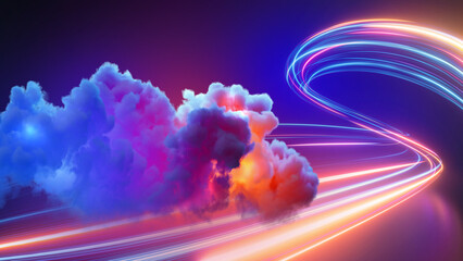 3d render, abstract fantasy background. Fantastic neon cloud and glowing dynamic lines - obrazy, fototapety, plakaty