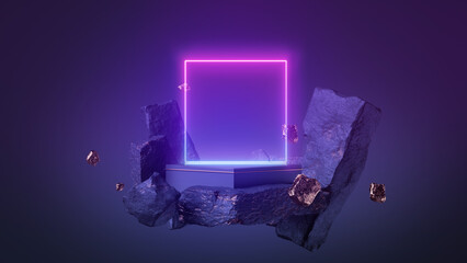 3d render, abstract neon background. Glowing square frame and rock cobble stone ruins levitating. Futuristic wallpaper