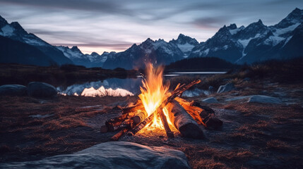 Campfire in the mountains. AI