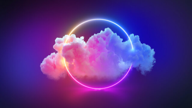 3d render, abstract geometric background of colorful illuminated cloud and glowing neon linear circle