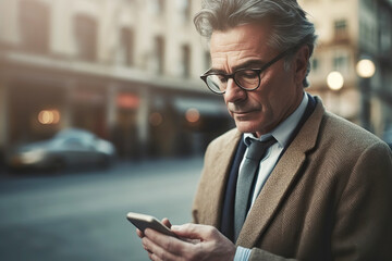 Obraz na płótnie Canvas Senior businessman using phone, ceo with glasses typing message. Generative AI