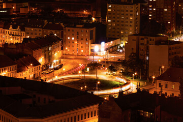 Fototapeta na wymiar Brno city at night. Mendel Square Brno Czech Republic Tram at the final stop. Night photo.
