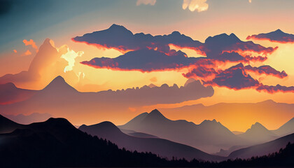 Beautiful view of a silhouette of mountains under the cloudy sky during sunset