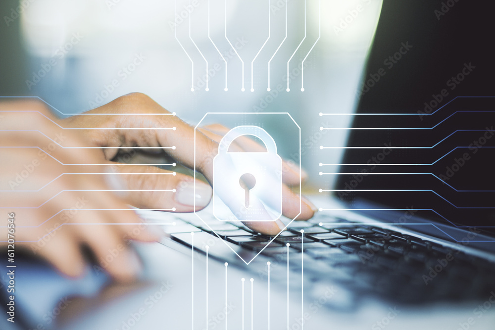 Poster creative idea concept with lock symbol and microcircuit illustration and hands typing on laptop on b