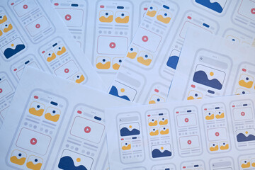 UX mobile application wireframe. Sketch, prototype, framework, layout future app design project. UI/UX - user interface and user experience designer. Creative concept for smartphone. App development 