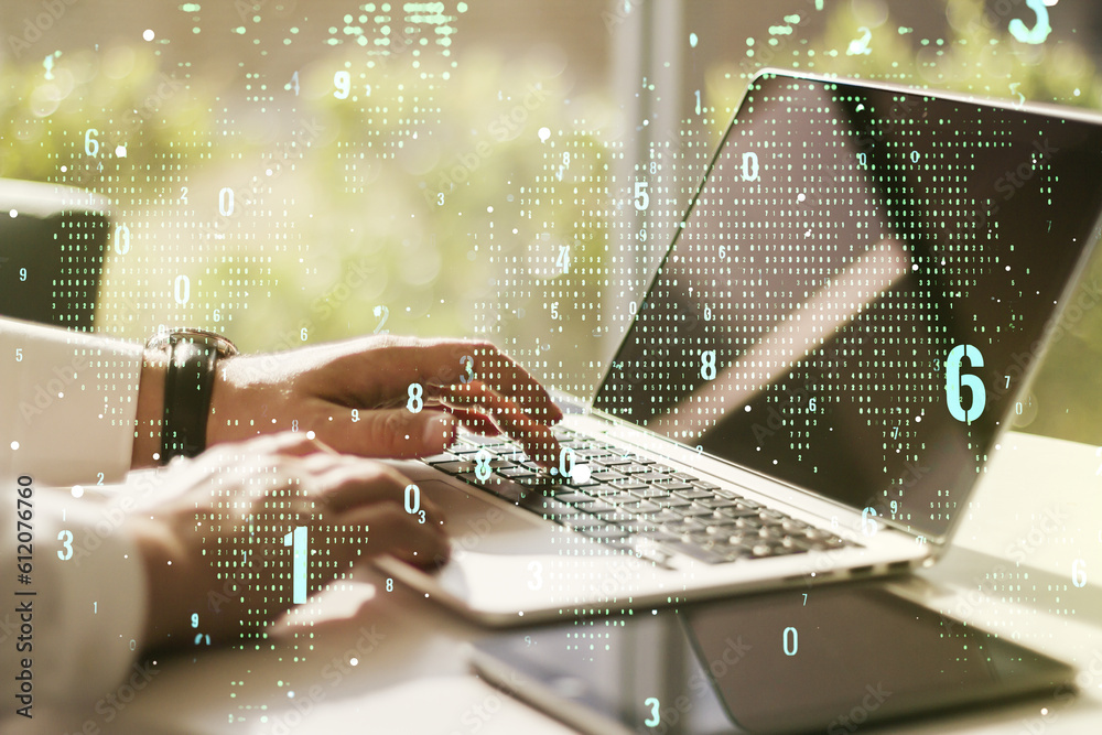 Poster Multi exposure of abstract software development hologram with world map and hands typing on computer keyboard on background, global research and analytics concept