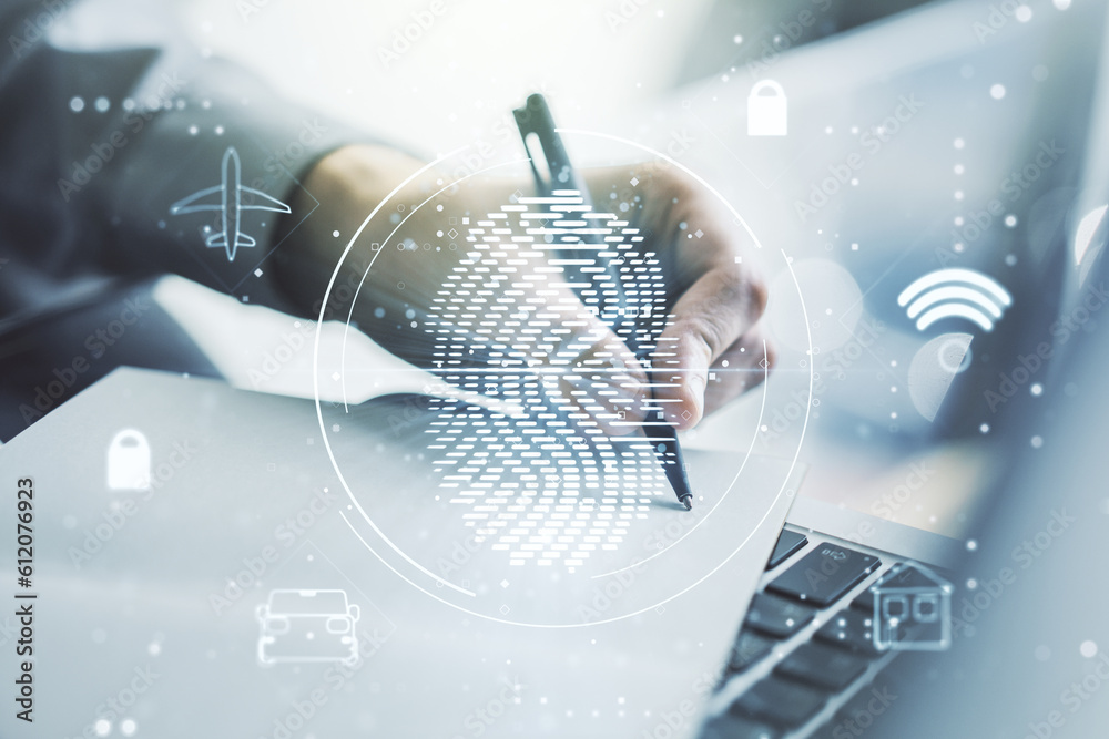 Aufkleber Double exposure of abstract creative fingerprint hologram with hand writing in notebook on background with laptop, research and development concept