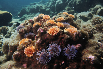 Naklejka na ściany i meble Generative AI. sea ​​urchins on coral reefs