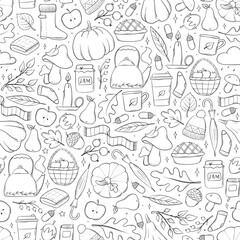 autumn seamless pattern with monochrome doodles, cartoon elements, etc for coloring pages, wallpaper, textile prints, scrapbooking, etc. EPS 10