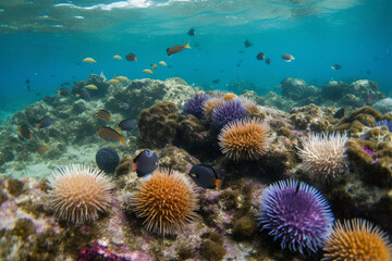Naklejka na ściany i meble Generative AI. sea ​​urchins on coral reefs