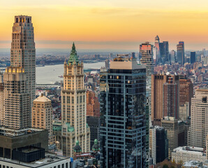Downtown New York City at Sunset Aerial Woolworth Building yellow