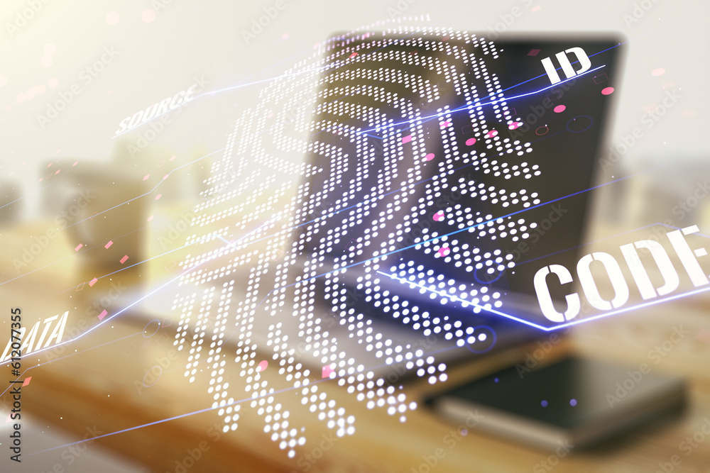 Poster Double exposure of abstract creative fingerprint hologram and modern desk with computer on background, protection of personal information concept