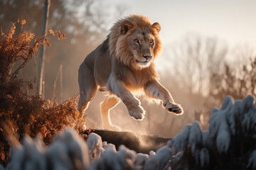 Close-up wild lion runs in the wilderness. Shot of a lion jumping in motion. Sunny day, landscape with lion in natural habitat. Generative AI professional photo imitation.