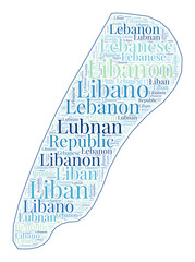 Lebanon shape filled with country name in many languages. Lebanon map in word cloud style. Superb vector illustration.