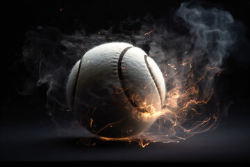 Tennis ball with fire and dust on black background, ai generated