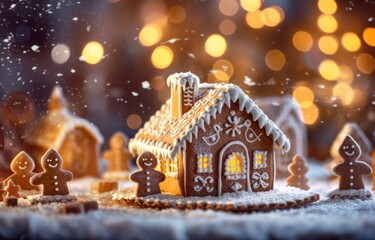 Illustration of a festive gingerbread house on a decorated table created with Generative AI technology - obrazy, fototapety, plakaty