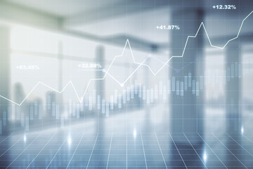 Multi exposure of virtual creative financial chart hologram on empty modern office background, research and analytics concept