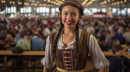 young adult woman wears a dirndl at the oktoberfest, many people in the beer tent, fictional place