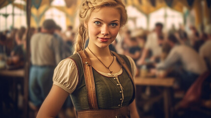 young adult woman wears a dirndl at the oktoberfest, many people in the beer tent, fictional place - obrazy, fototapety, plakaty