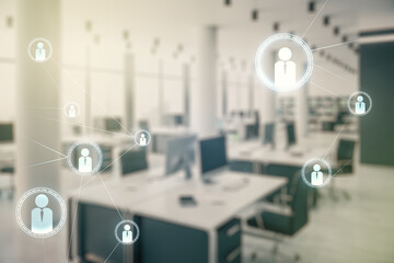 Double exposure of abstract virtual social network icons on modern corporate office background. Marketing and promotion concept