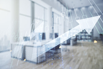Abstract creative financial diagram and upward arrow hologram on a modern furnished office interior background, growth and development concept