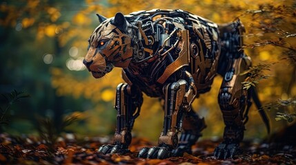Fototapeta na wymiar close up tiger robot in autumn woods, Generative Ai