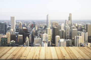 Wooden table top with beautiful Chicago skyline on background, mockup