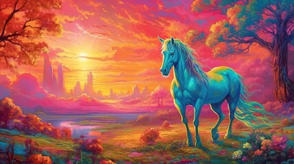 art illustration of a horse galloping in grass flower field in colorful vivid tone color, Generative Ai