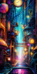 Painting of trans-Neptunian Ionian cycle, city. city in anime style, 16 bit color scheme. Generative Ai.