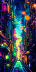 Painting of trans-Neptunian Ionian cycle, city. city in anime style, 16 bit color scheme. Generative Ai.