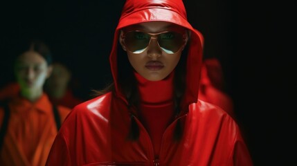 Obraz premium Fierce Fashionista Strutting on Runway Under Shamrock Green Lights. Generative AI.